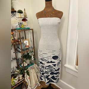 RVCA Tropical Strapless Knitted Grey & Navy Split Hem Maxi Dress - Size Large